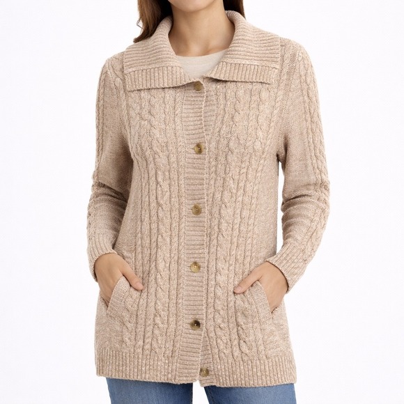 L.L. Bean Sweaters - L.L. Bean‎ Cable Knit Fisherman Cardigan Sweater Beige Cotton Button Front M